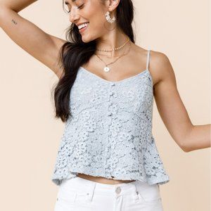 Floral Allover Lace Button Front Tank Top - Dusty Blue (S) - FRANCESCA'S